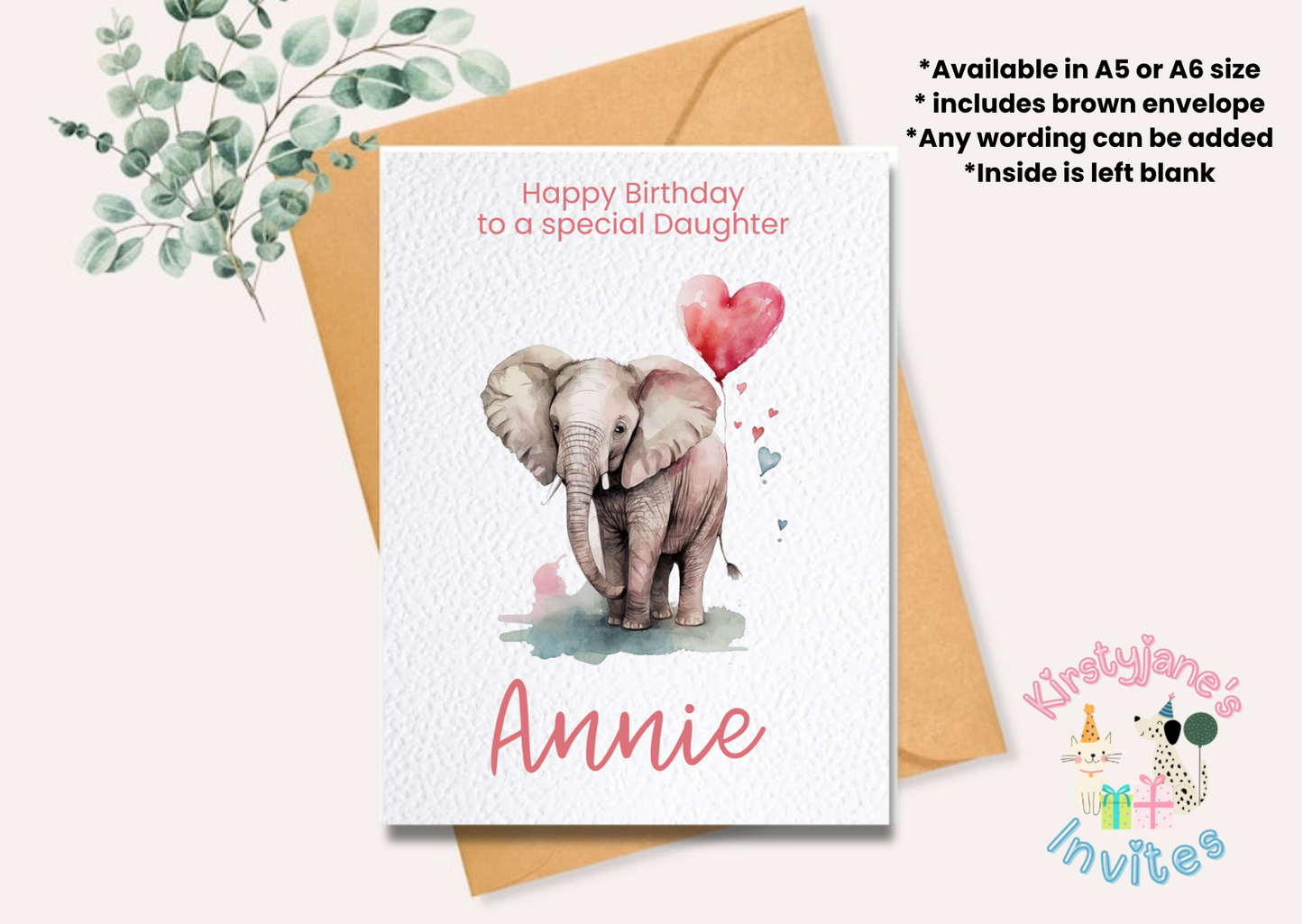 Birthday greetings card elephant love heart