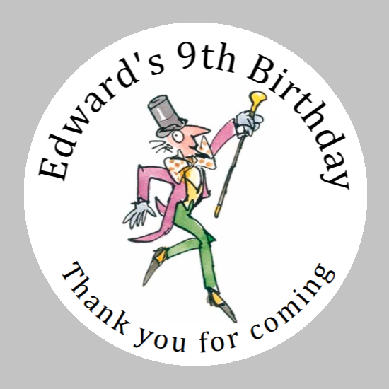 Personalised birthday party Roald Dahl Willy Wonka stickers