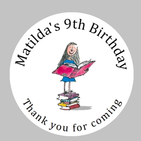 Personalised birthday party Roald Dahl Matilda stickers