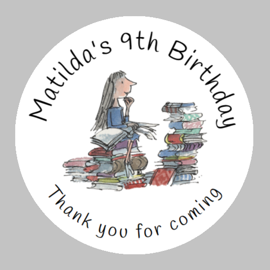 Personalised birthday party Roald Dahl Matilda stickers