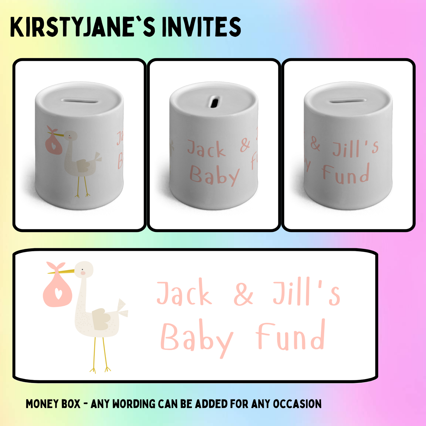 Personalised ceramic money box pink baby fund