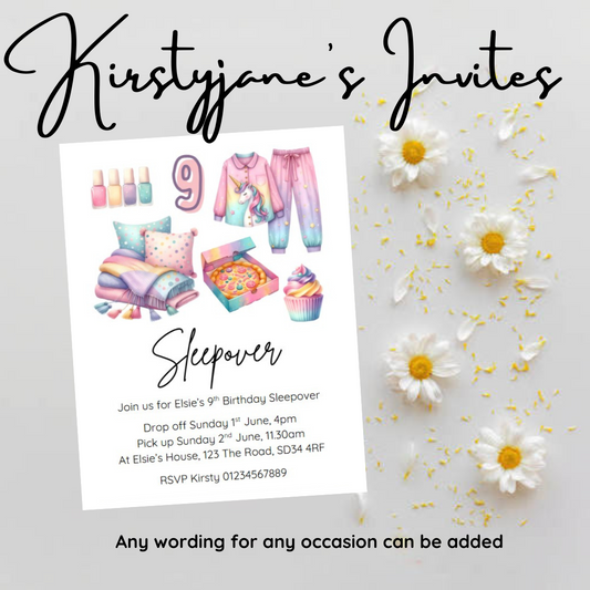 Personalised kids Boys girls birthday party invitations sleepover slumber