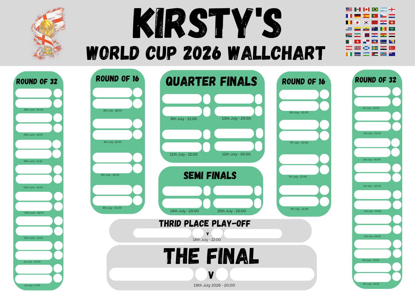World cup 2026 wall chart planner - grey/green