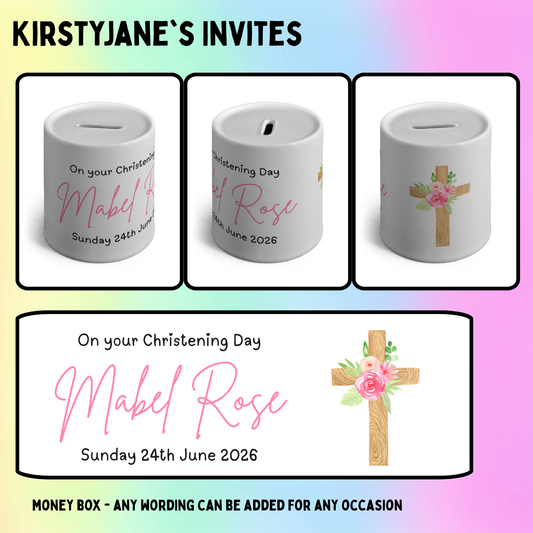 Personalised ceramic money box Christening Cross flowers floral