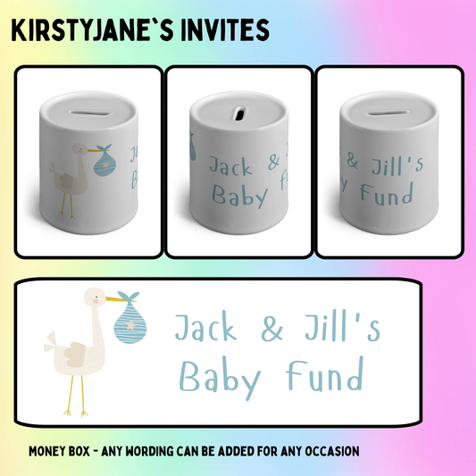 Personalised ceramic money box blue baby fund
