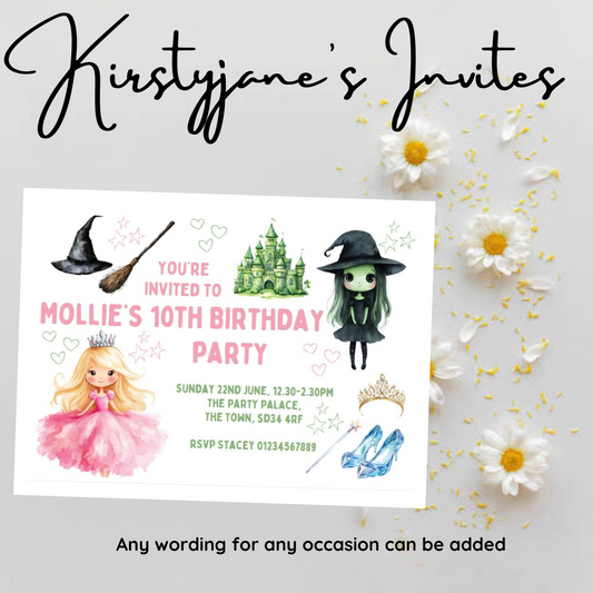 Personalised kids Boys girls birthday party invitations wicked Elphaba & Glinda