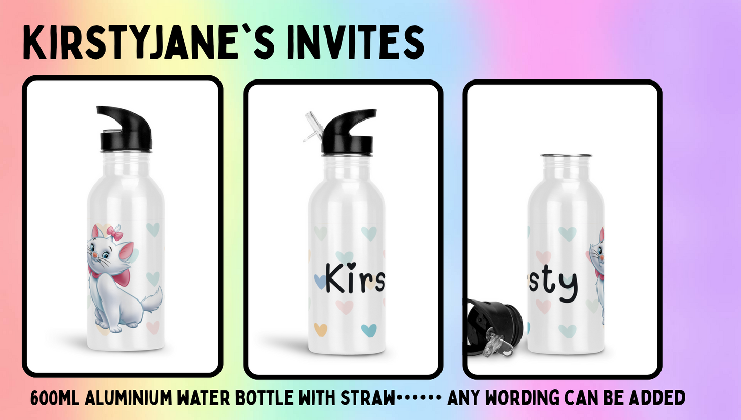 Personalised 600ml Aluminium drinks bottle with straw aristocats Marie