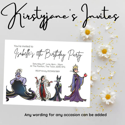 Personalised kids Boys girls birthday party invitations disney cruella villains