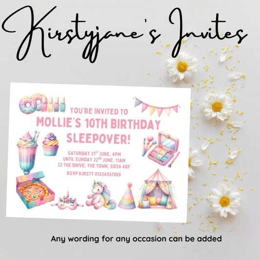 Personalised kids Boys girls birthday party invitations sleepover slumber