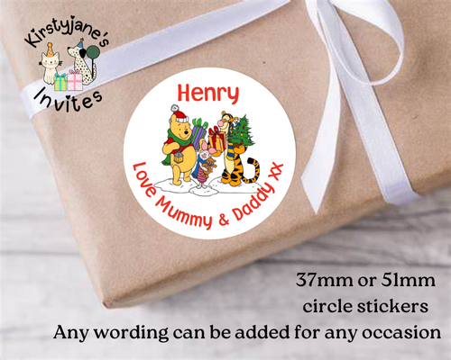 Personalised Christmas Xmas presents stickers Birthday Party Bag Favours Winnie The Pooh Tigger