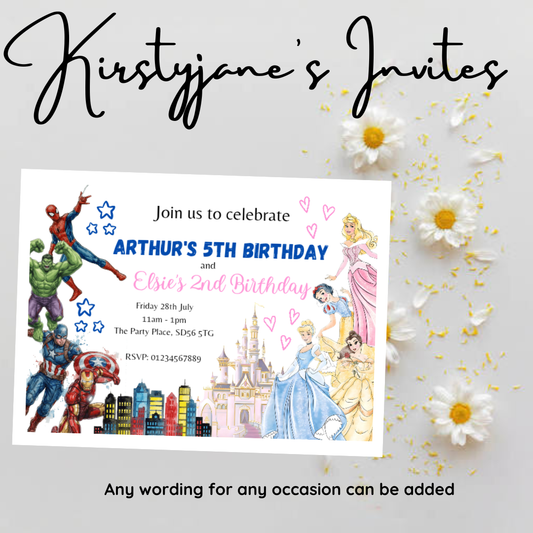 Personalised kids Boys girls superheroes superhero avengers disney princess joint party