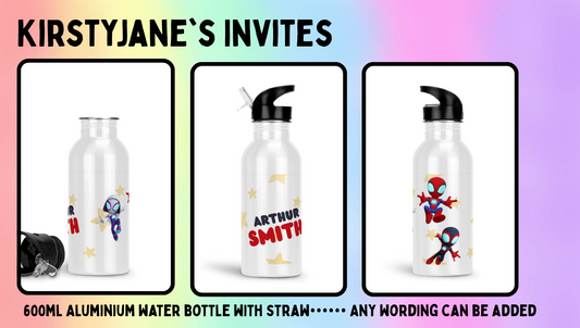Personalised 600ml Aluminium drinks bottle with straw spiderman spidey and his amazing friends