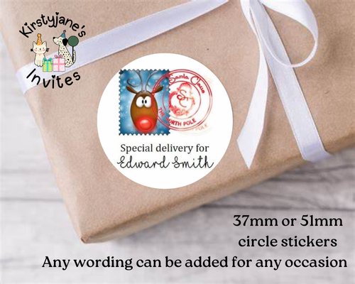 Personalised christmas Xmas stickers labels present tags birthday party bag special delivery postmark north pole