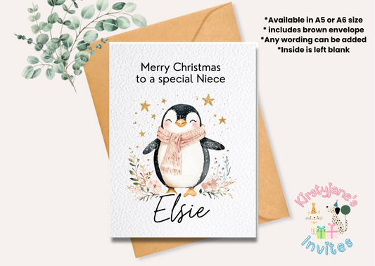 Christmas greetings card floral penguin cute girls 🐧