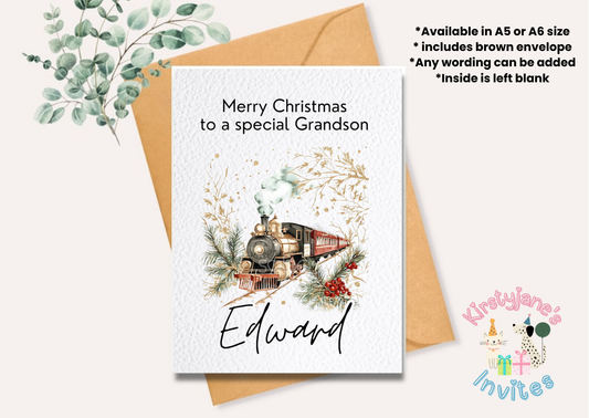 Christmas greetings card Polar Express train snow magical