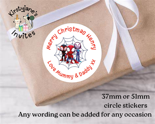 Personalised Christmas Xmas presents stickers Birthday Party Bag Favours spidey and his amazing friends