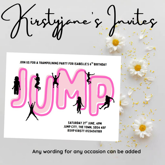 Personalised kids Boys girls birthday party invitations trampolining jump bounce