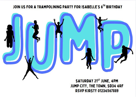 Personalised kids Boys girls birthday party invitations trampolining jump bounce