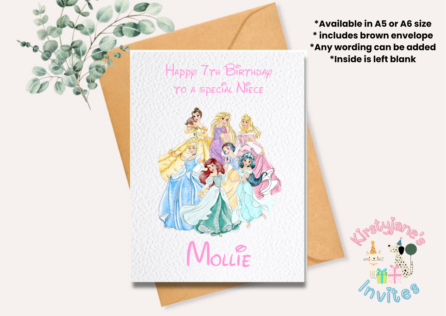 Birthday greetings card Disney Princess cinderella ariel belle aurora jasmine snow white