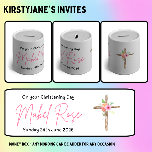 Personalised ceramic money box Christening Cross flowers floral