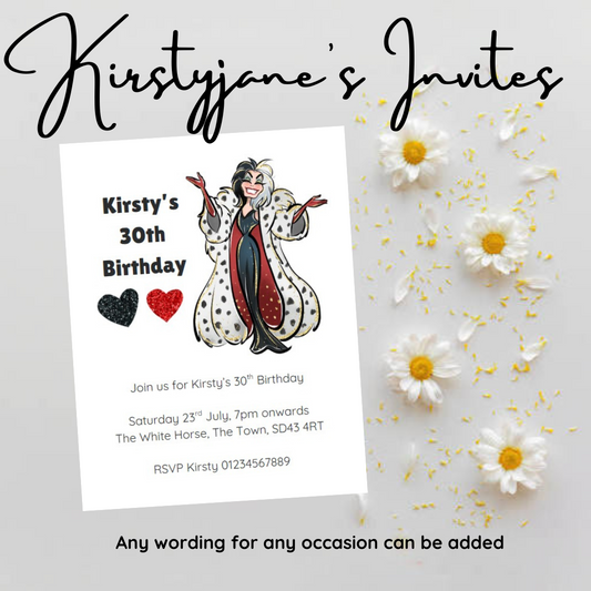 Personalised kids Boys girls birthday party invitations disney cruella villains