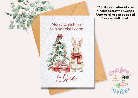 Christmas greetings card rabbit tree cute girls 🐇