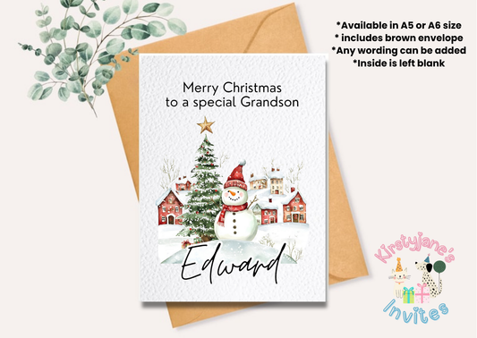 Christmas greetings card Snowman scene tree snow