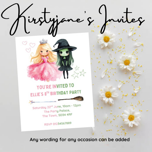 Personalised kids Boys girls birthday party invitations wicked Elphaba & Glinda