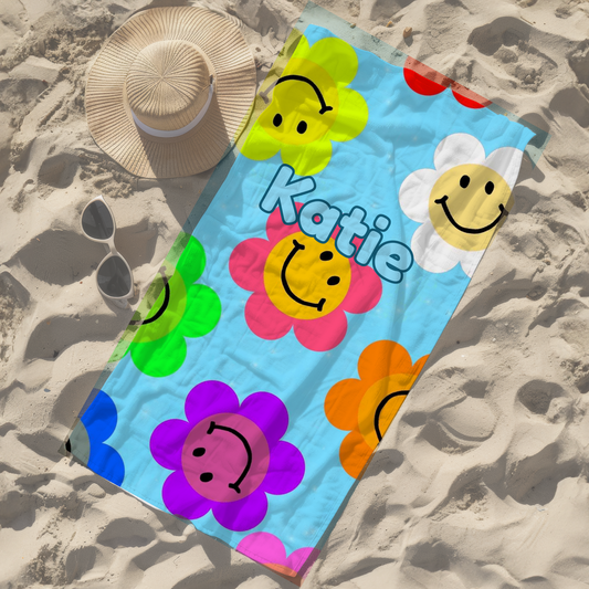 Personalised children's kids women's towel funky flowers neon bright