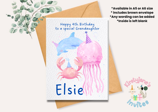Birthday greetings card sea creatures animal dolphin jellyfish crab