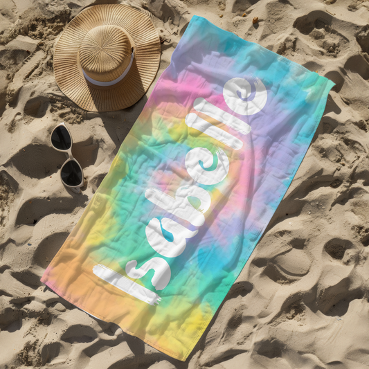 Personalised children's kid's towel rainbow tie dye