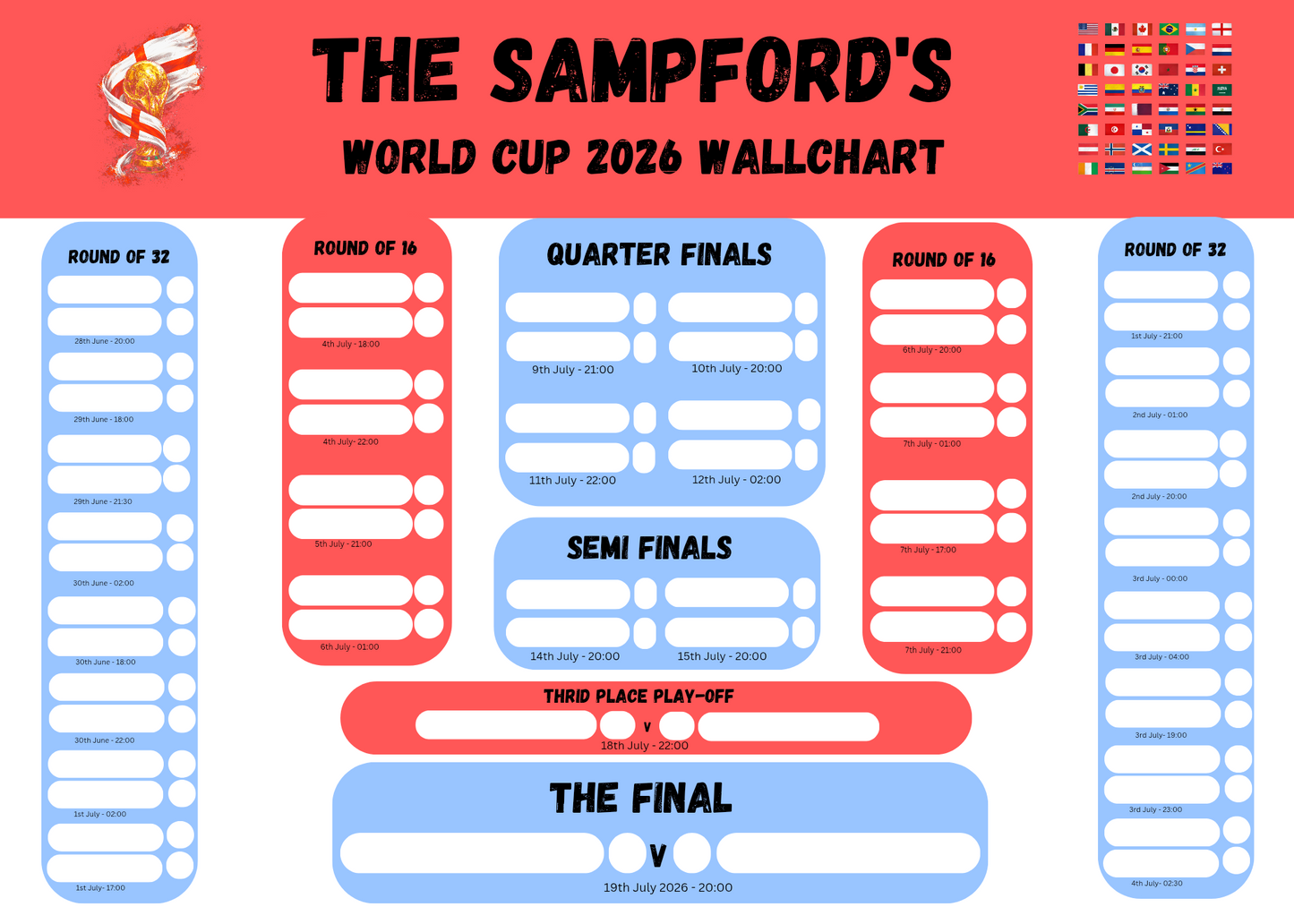World cup 2026 wall chart planner - red/blue