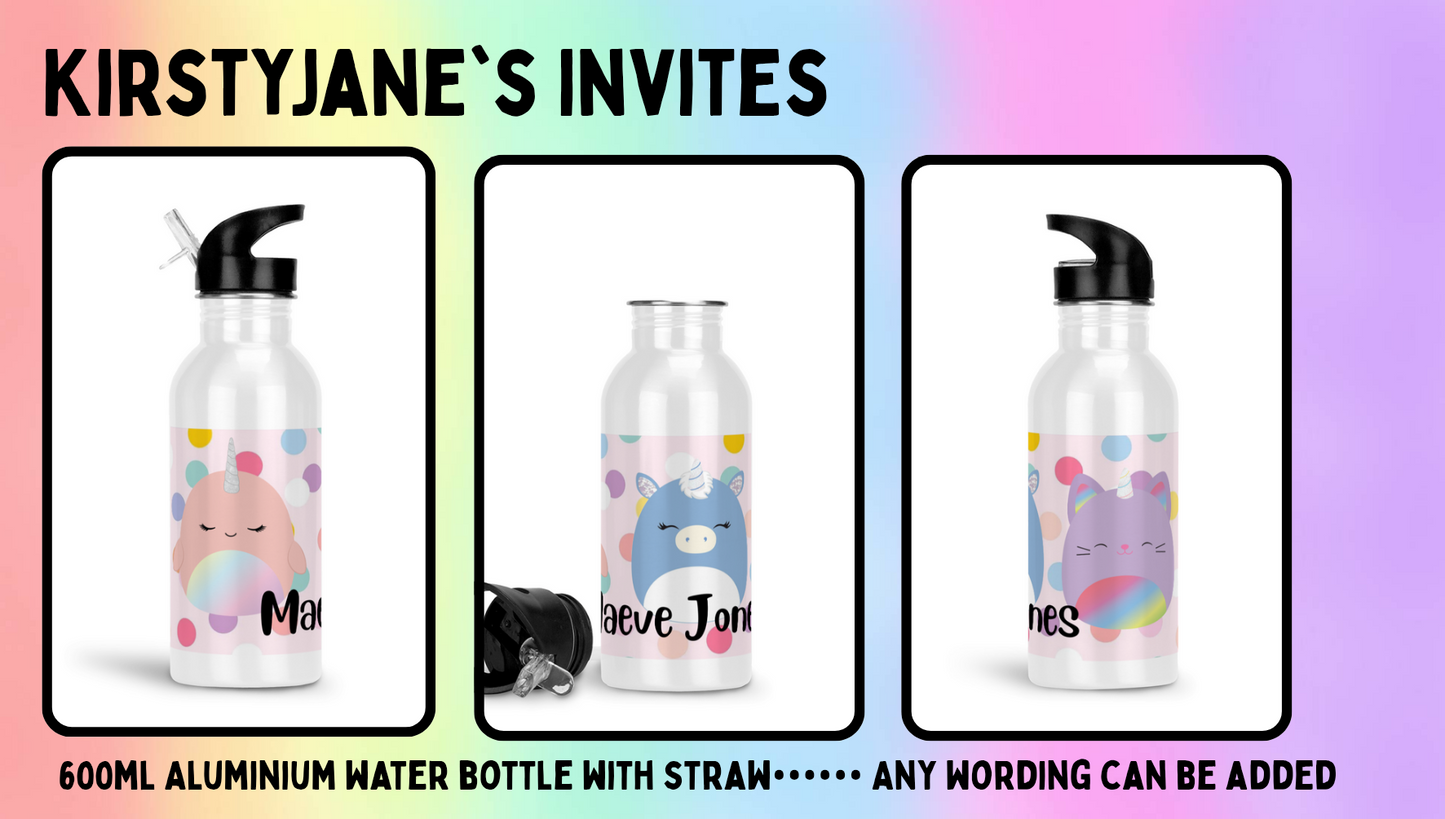 Personalised 600ml Aluminium drinks bottle with straw squishmallows