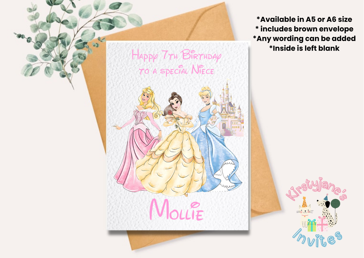 Birthday greetings card Disney Princess cinderella ariel belle aurora jasmine snow white