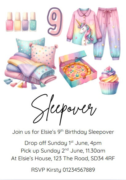 Personalised kids Boys girls birthday party invitations sleepover slumber
