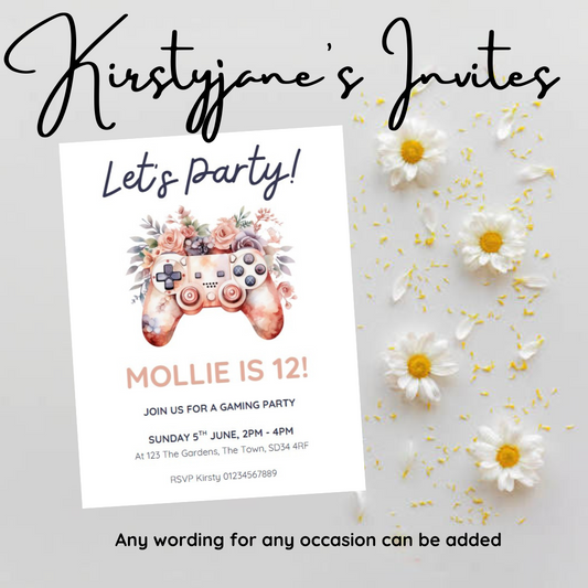 Personalised kids Boys girls birthday party invitations gaming girls floral playstation xbox