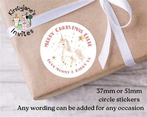Personalised Christmas Xmas presents stickers Birthday Party Bag Favours unicorn