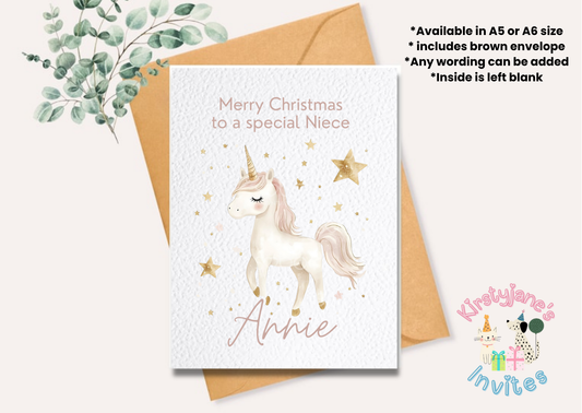 Christmas greetings card Unicorn magical girls pink