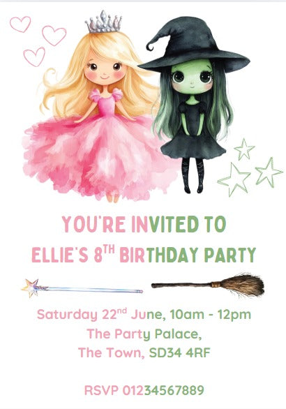 Personalised kids Boys girls birthday party invitations wicked Elphaba & Glinda