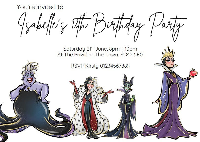 Personalised kids Boys girls birthday party invitations disney cruella villains
