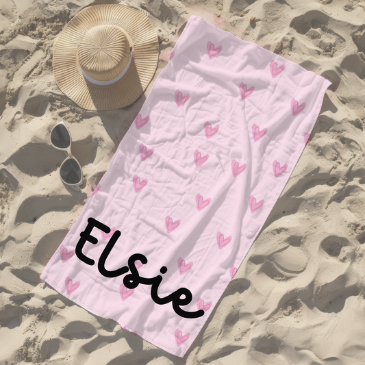 Personalised children's kid's towel women's hearts pink girl's
