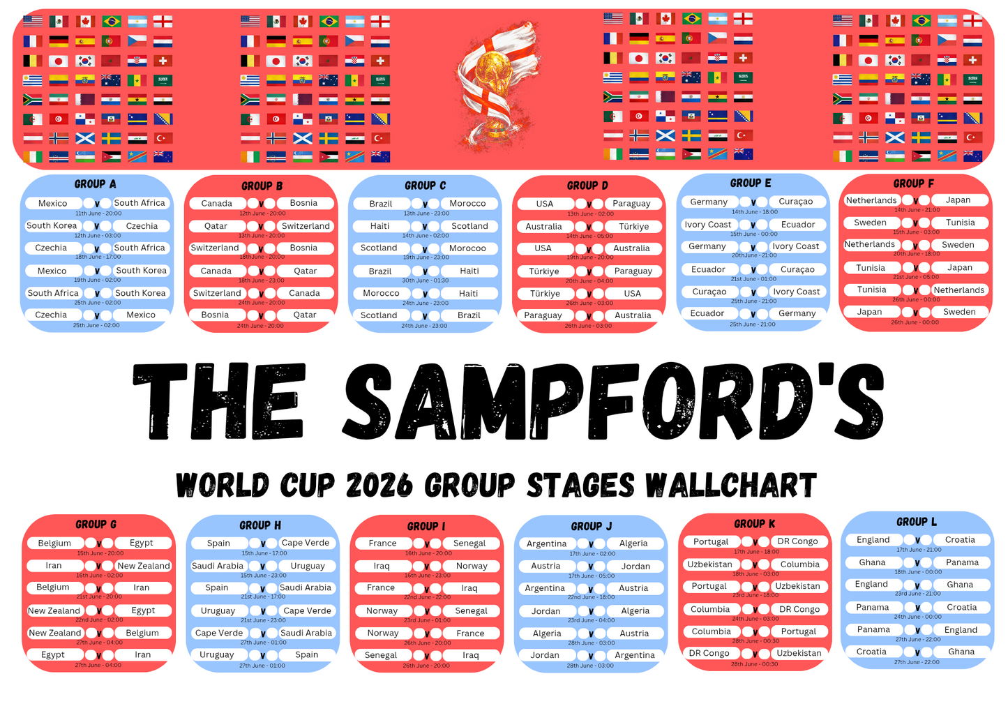 World cup 2026 wall chart planner - red/blue