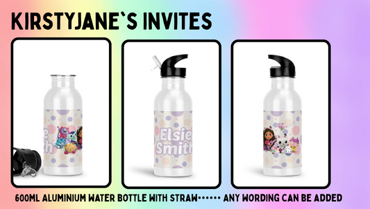Personalised 600ml Aluminium drinks bottle with straw Gabbys Dollhouse