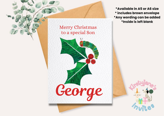 Christmas greetings card The Very Hungry Caterpillar holly
