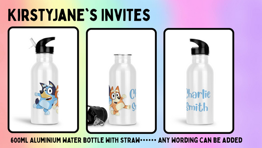Personalised 600ml Aluminium drinks bottle with straw bluey bingo