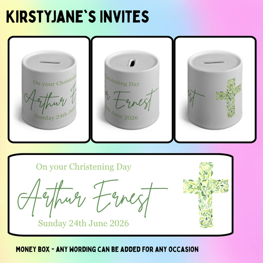 Personalised ceramic money box Christening Cross flowers floral