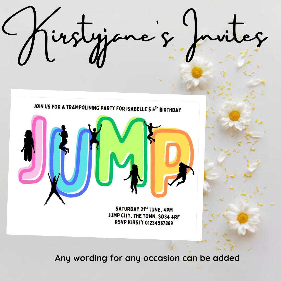 Personalised kids Boys girls birthday party invitations trampolining jump bounce