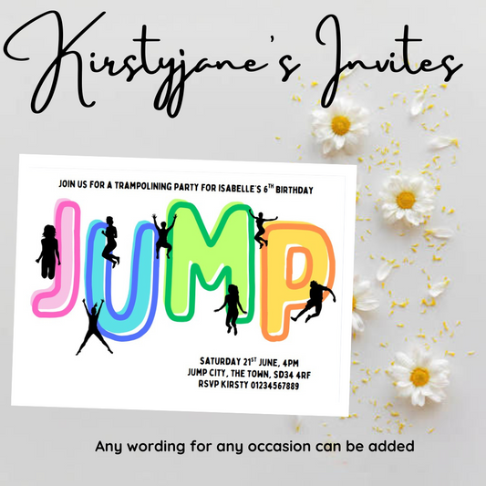 Personalised kids Boys girls birthday party invitations trampolining jump bounce