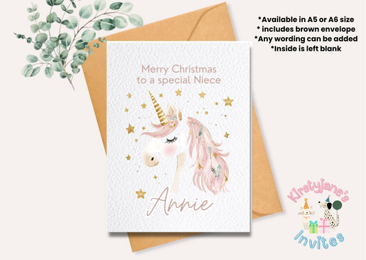Christmas greetings card girls unicorn magical pink