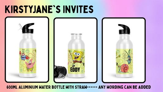Personalised 600ml Aluminium drinks bottle with straw spongebob squarepants